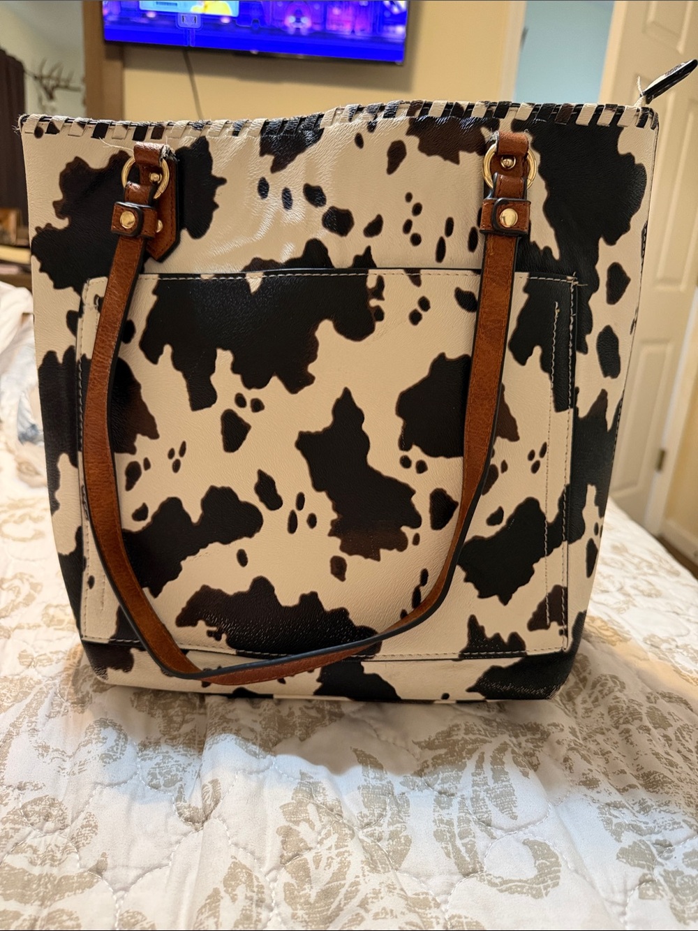 Cow Print Tote Bag with Brown Straps - Black & White